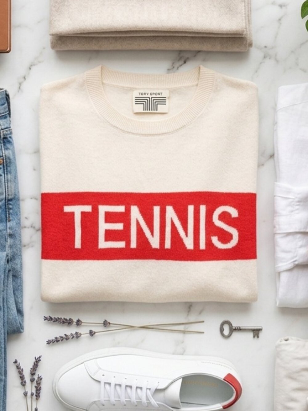 Tory Sport Cashmere Blend "TENNIS" Sweater - Ivory & Red - Large